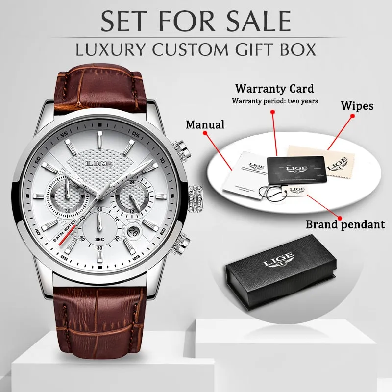 LIGE Top Brand Luxury Fashion New Leather Strap Quartz Men Watches Casual Date Business Male Wristwatches Homme Montre Clock Box