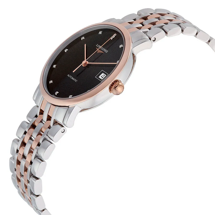 Longines Elegant Automatic Black Diamond Dial Steel and 18kt Rose Gold Ladies Watch L48095577 L4.809.5.57.7