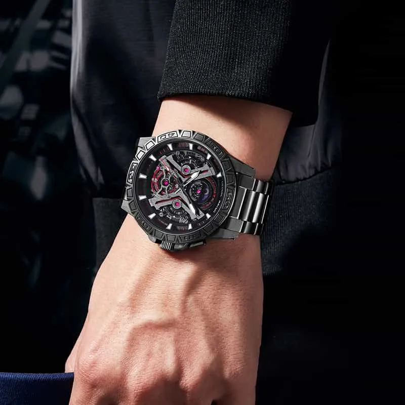Luxury Brand Creative Big Dial Hollow Skeleton Tourbillion Winder Mechanical Watches For Men Black