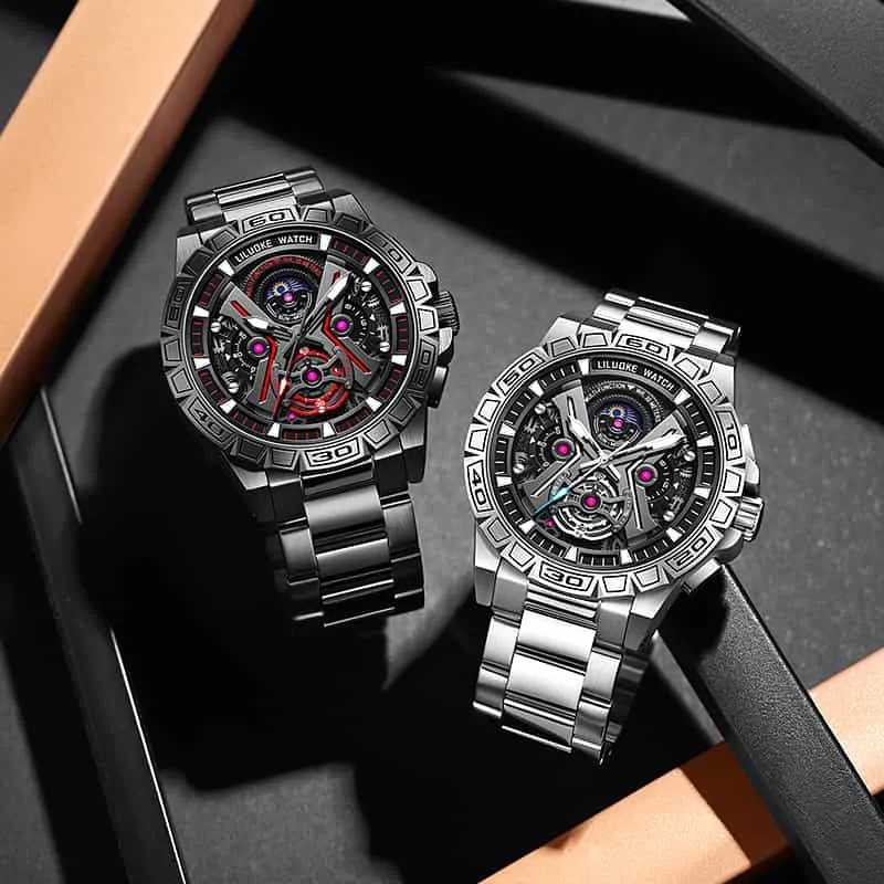Luxury Brand Creative Big Dial Hollow Skeleton Tourbillion Winder Mechanical Watches For Men Black