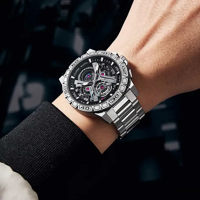 Luxury Brand Creative Big Dial Hollow Skeleton Tourbillion Winder Mechanical Watches For Men Black