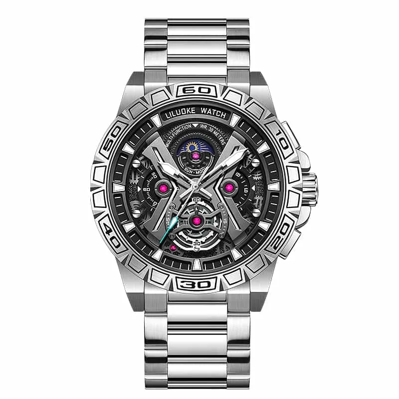 Luxury Brand Creative Big Dial Hollow Skeleton Tourbillion Winder Mechanical Watches For Men Black