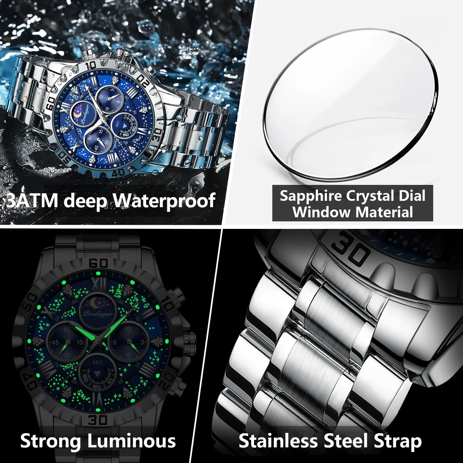 Luxury Men's Quartz Sports Watch - Waterproof Luminous Stainless Steel Chronograph