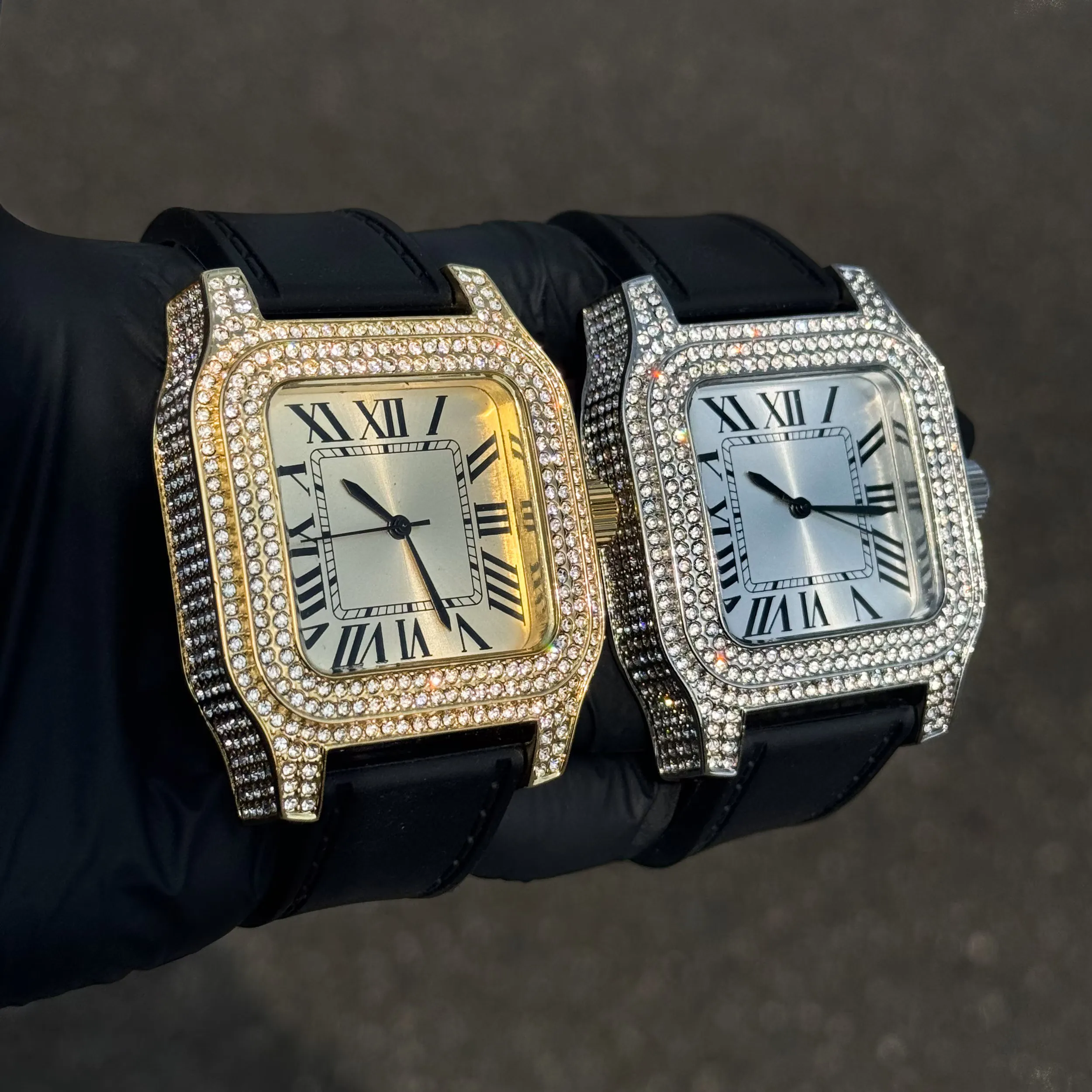 Men's 45mm Square Diamond Watch with Silicone Band - Fully Iced Out Case with Roman Dial - Quartz Movement