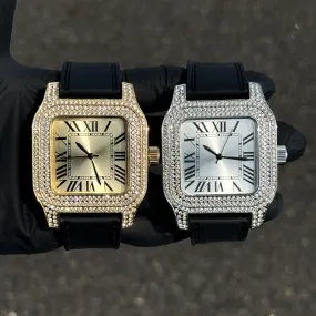 Men's 45mm Square Diamond Watch with Silicone Band - Fully Iced Out Case with Roman Dial - Quartz Movement