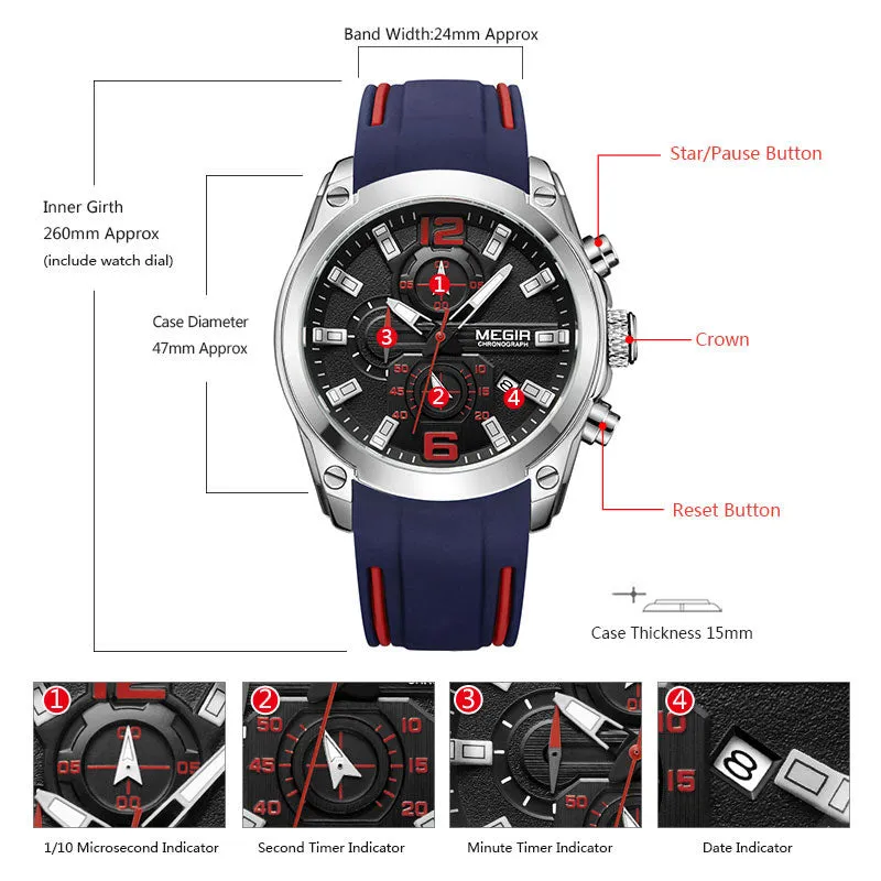 Men's Chronograph Analog Quartz Sports Watch HUGE Face dial of 47mm/1.85'