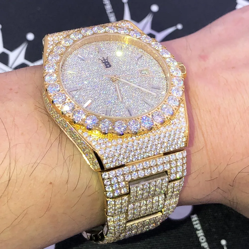 Moissanite Crown Iced Out Hip Hop Bling Bustdown Watch 50 Carats