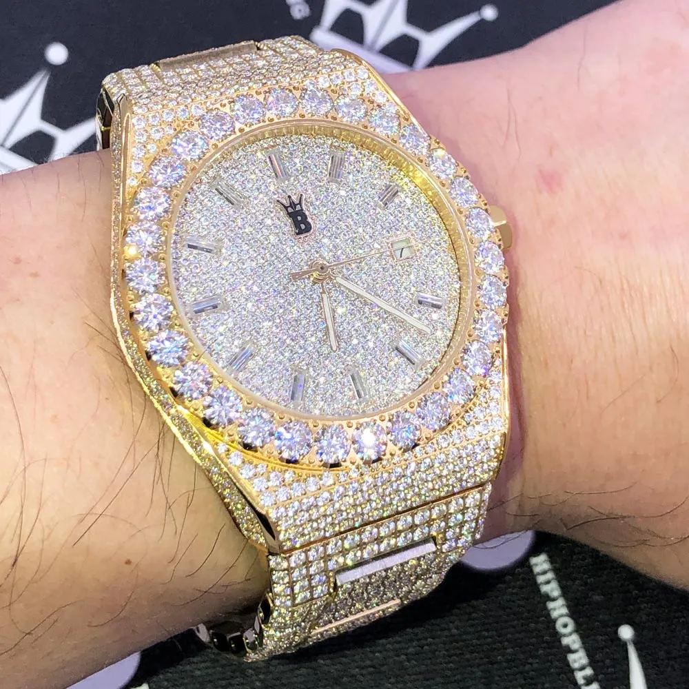 Moissanite Crown Iced Out Hip Hop Bling Bustdown Watch 50 Carats
