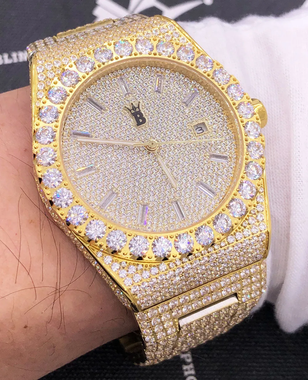 Moissanite Crown Iced Out Hip Hop Bling Bustdown Watch 50 Carats