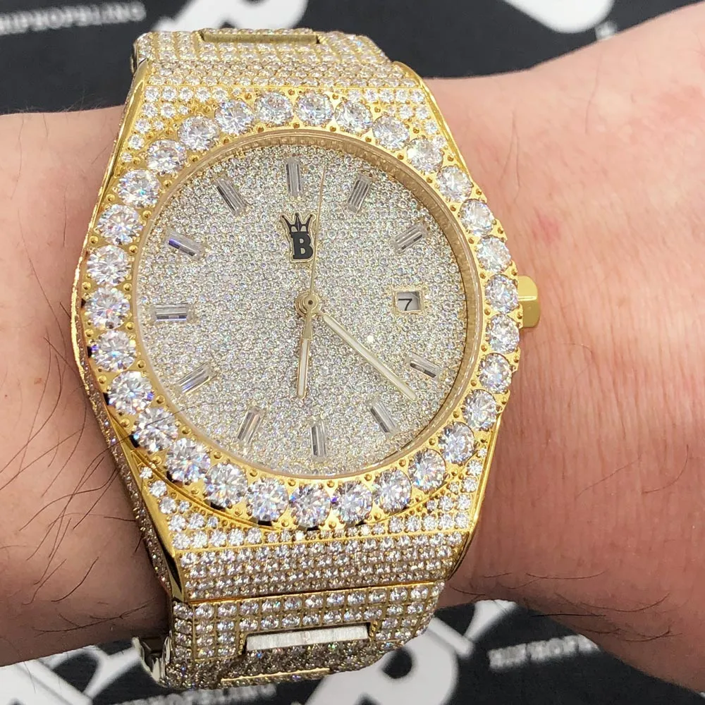 Moissanite Crown Iced Out Hip Hop Bling Bustdown Watch 50 Carats