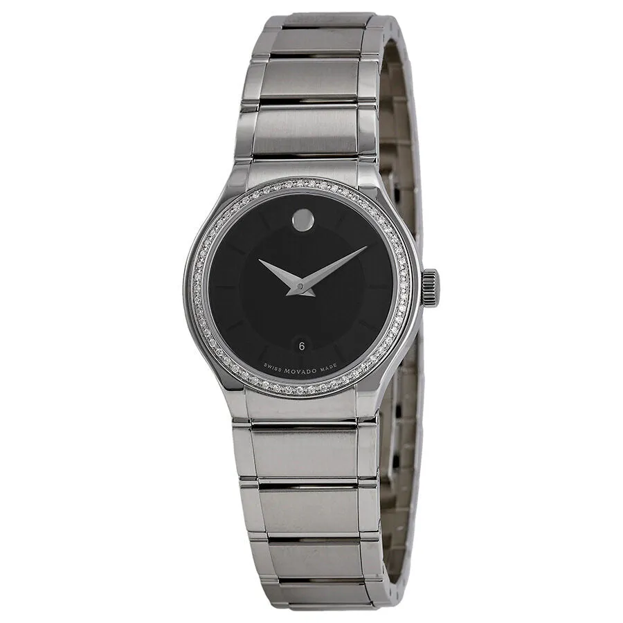 Movado Quadro Black Dial Diamond Bezel Ladies Watch 0 606495