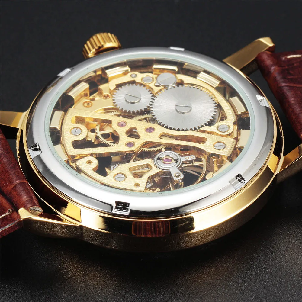 New fashion sewor brand design cool skeleton men clock luxury gold hand wind mechanical leather wrist male business watch