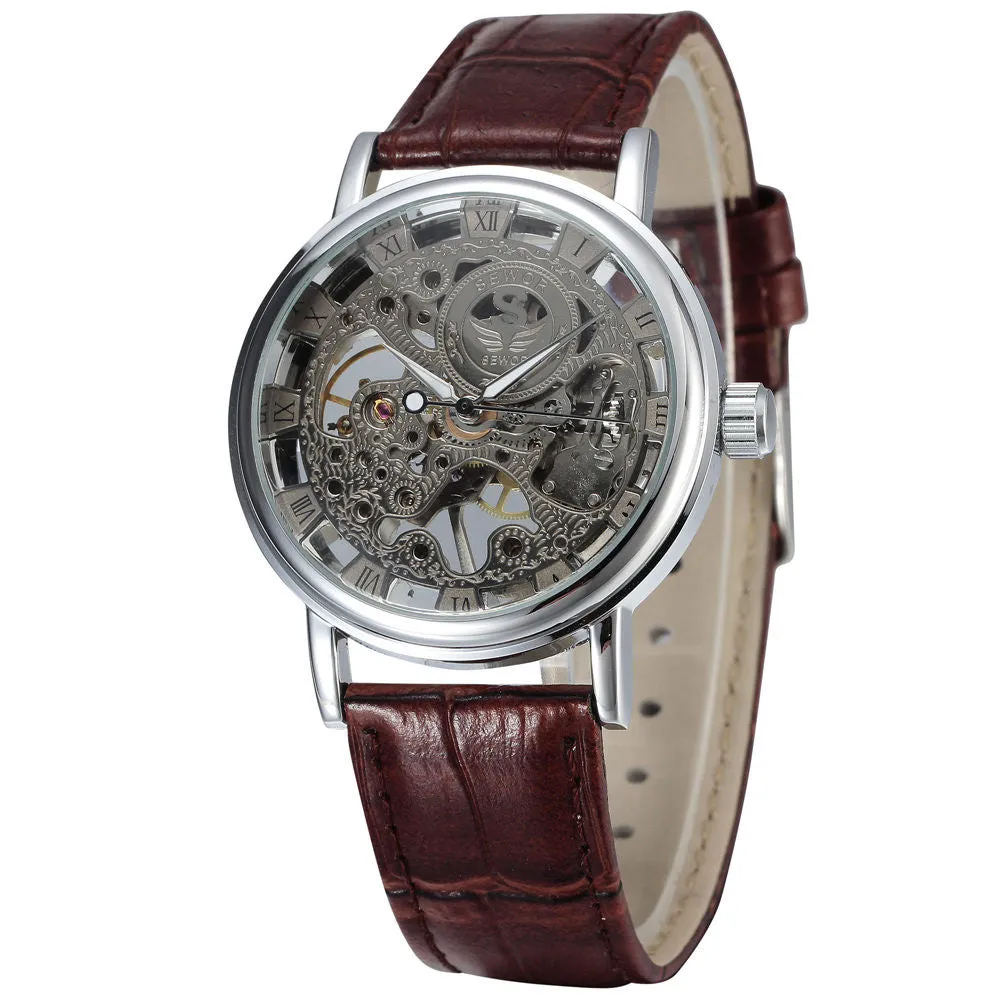 New fashion sewor brand design cool skeleton men clock luxury gold hand wind mechanical leather wrist male business watch