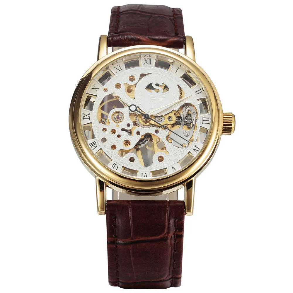 New fashion sewor brand design cool skeleton men clock luxury gold hand wind mechanical leather wrist male business watch