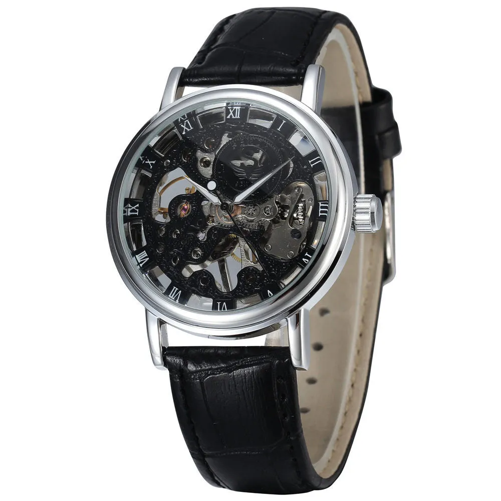 New fashion sewor brand design cool skeleton men clock luxury gold hand wind mechanical leather wrist male business watch