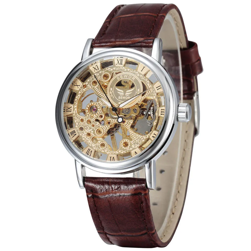 New fashion sewor brand design cool skeleton men clock luxury gold hand wind mechanical leather wrist male business watch