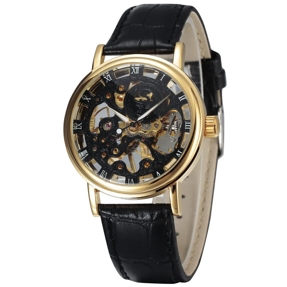 New fashion sewor brand design cool skeleton men clock luxury gold hand wind mechanical leather wrist male business watch