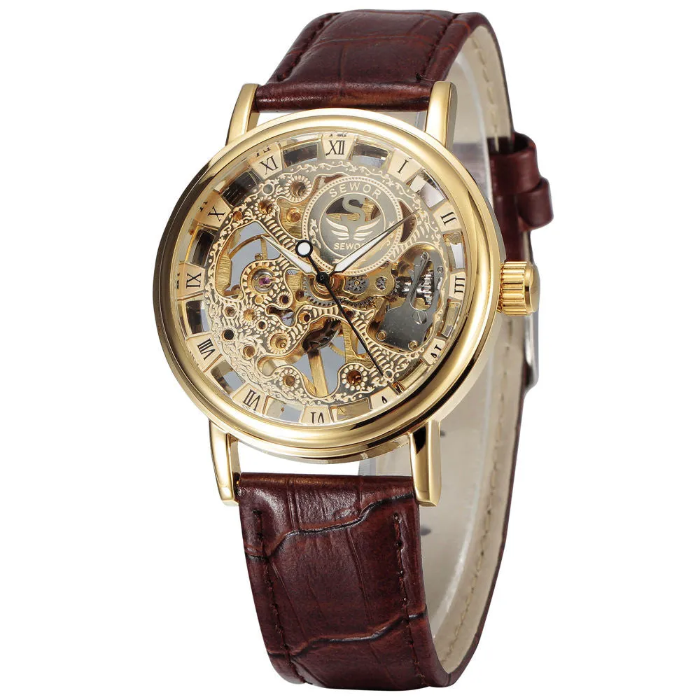 New fashion sewor brand design cool skeleton men clock luxury gold hand wind mechanical leather wrist male business watch