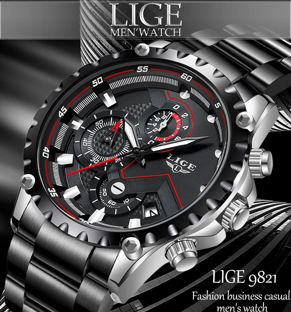 New LIGE Luxury Mens Watch Men Sport Waterproof Quartz Watches Men All Steel Army Military Watch Relogio Masculino