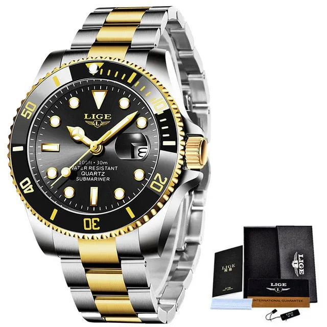 New LIGE Mens Watches Fashion Business Waterproof Quartz