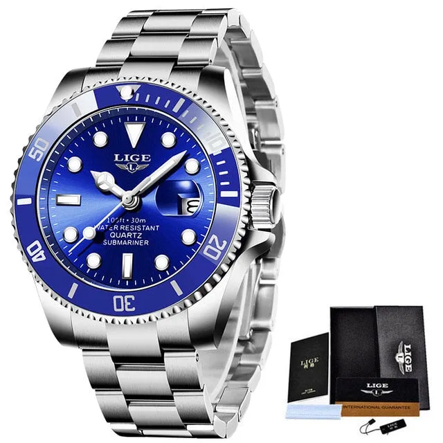 New LIGE Mens Watches Fashion Business Waterproof Quartz