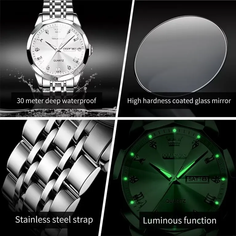 OLEVS Large White Face Mens Watches With Sliver Stainless Steel Strap Luxury Analog Quartz Watch W304876