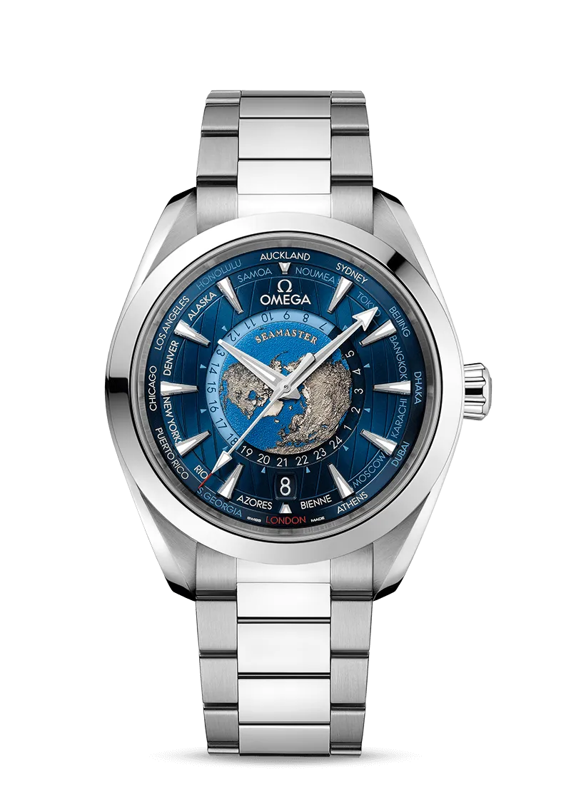 Omega Seamaster Aqua Terra 150M Co‑Axial Master Chronometer GMT World Timer 43mm Steel on Steel 220.10.43.22.03.001