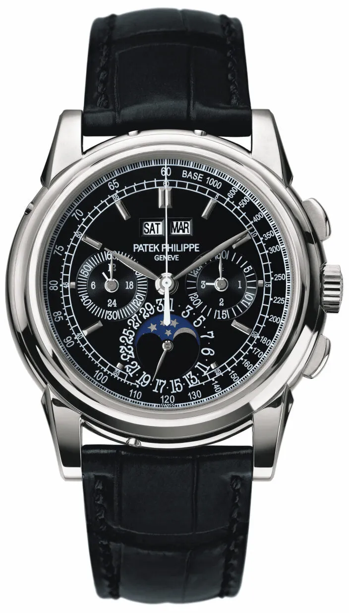 Patek Philippe Black Dial Chronograph Platinum Black Leather Men's Watch 5970P