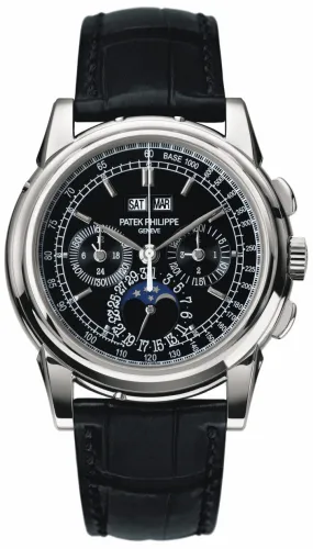 Patek Philippe Black Dial Chronograph Platinum Black Leather Men's Watch 5970P