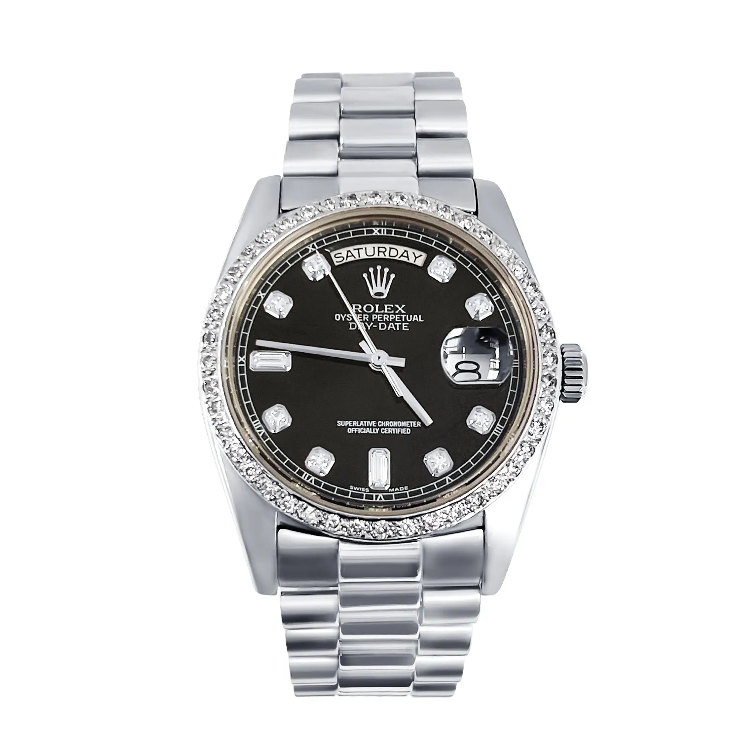 Pre-Owned Rolex 18K White Gold Diamond Bezel & Black Diamond Dial President Watch