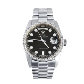 Pre-Owned Rolex 18K White Gold Diamond Bezel & Black Diamond Dial President Watch