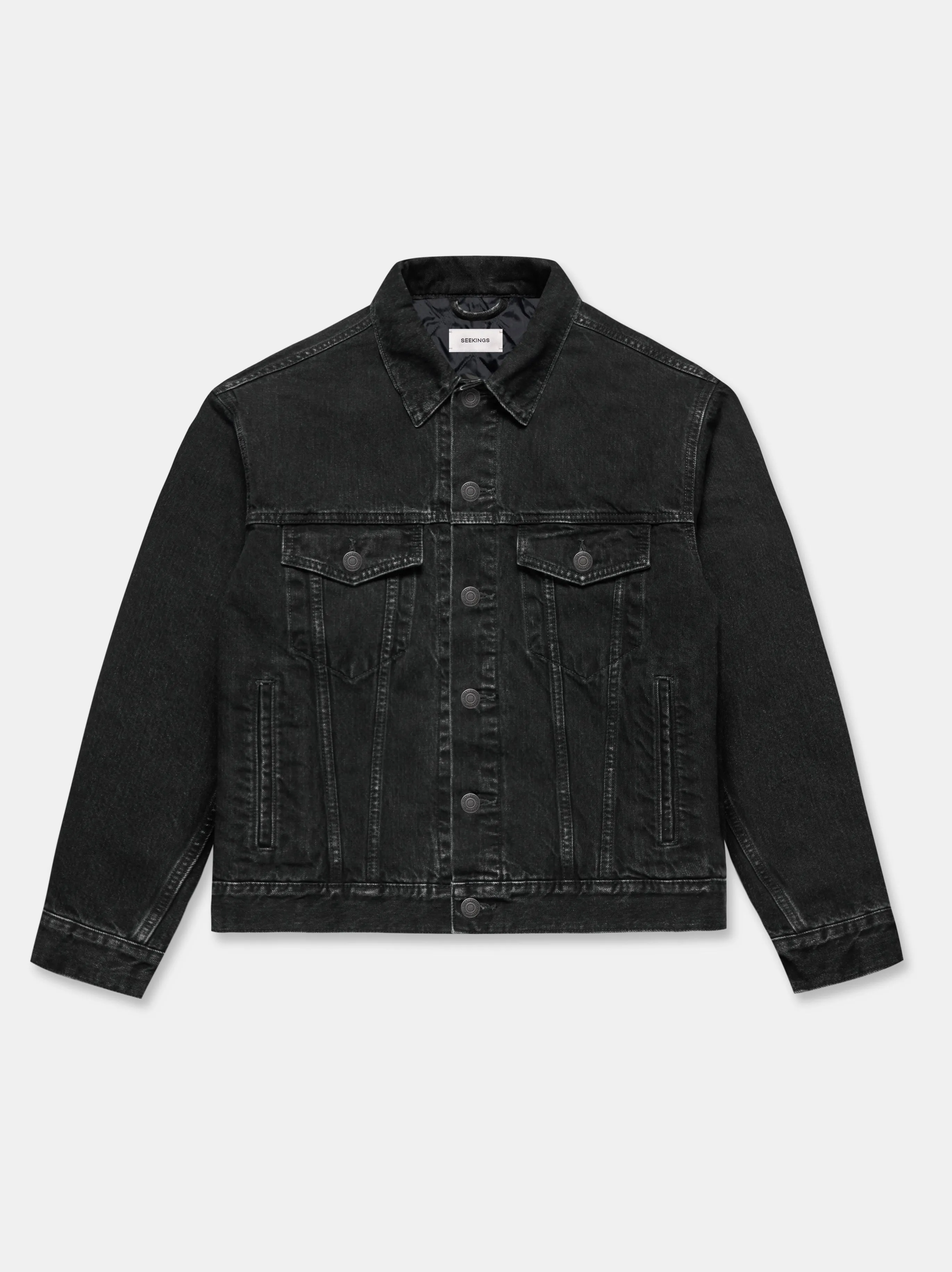 QUILTED DENIM LINER JACKET IN BLACK ACID RINSE