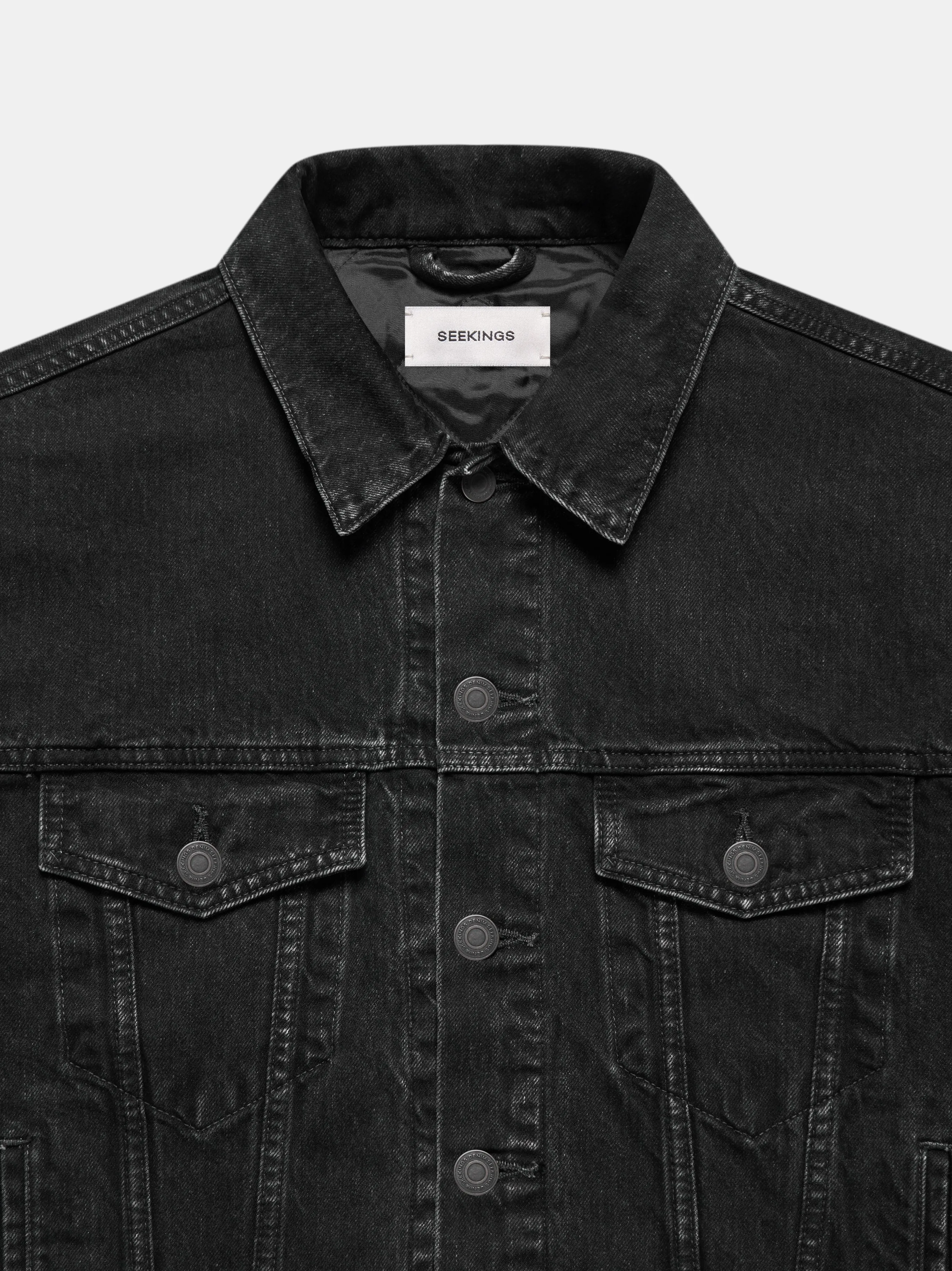 QUILTED DENIM LINER JACKET IN BLACK ACID RINSE