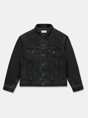 QUILTED DENIM LINER JACKET IN BLACK ACID RINSE