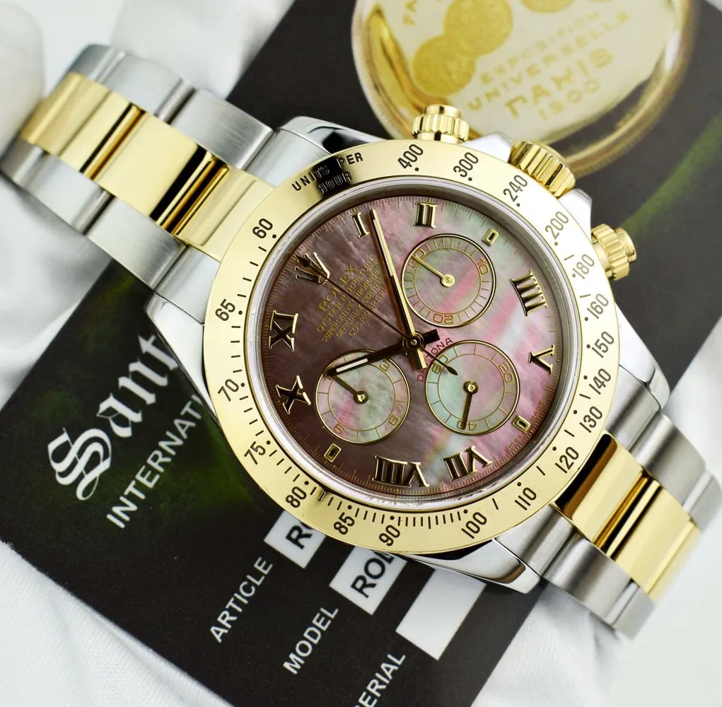 ROLEX 18kt Gold & Stainless Steel Daytona Tahitian MOP Roman Dial Model 116523