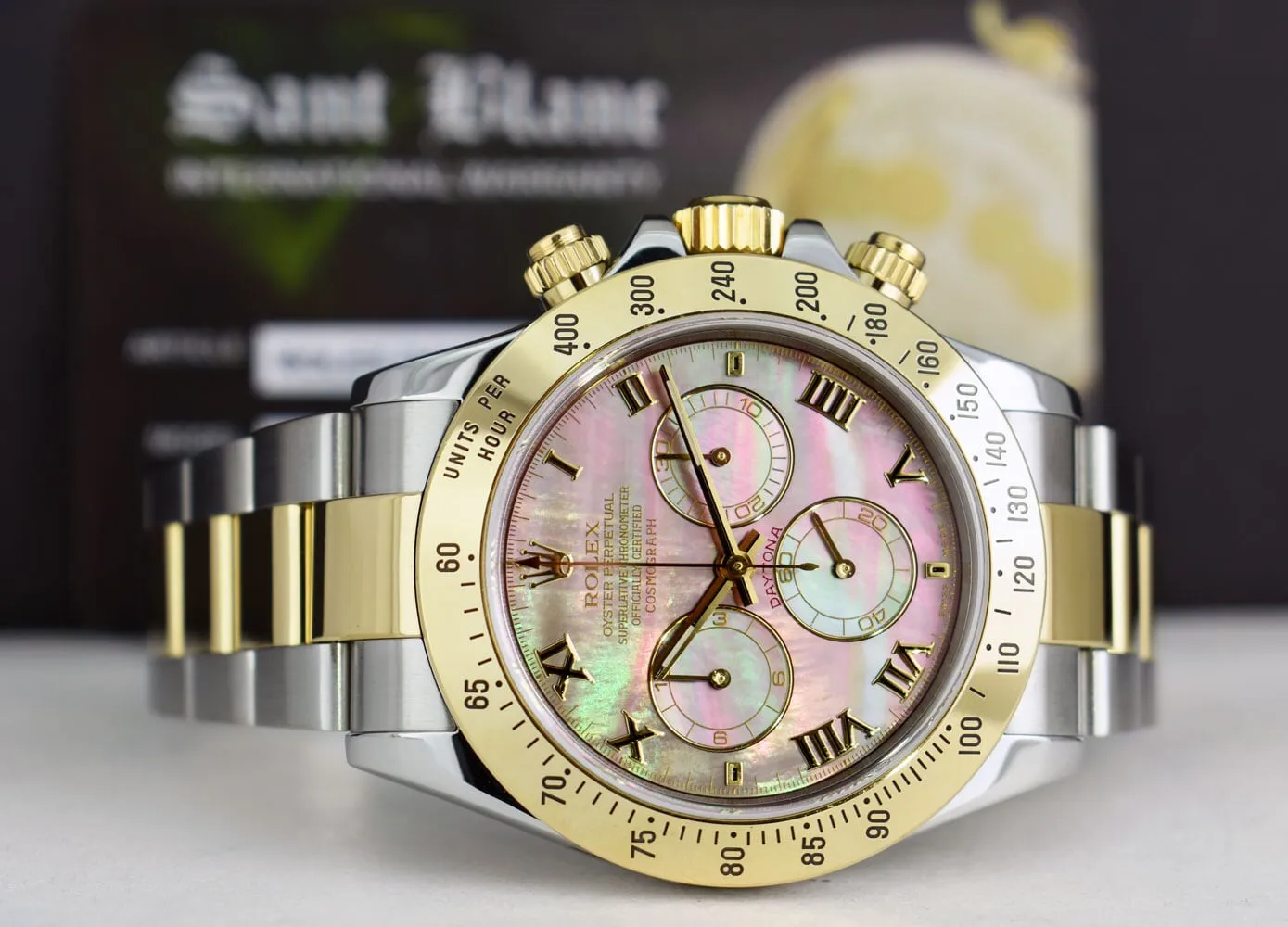 ROLEX 18kt Gold & Stainless Steel Daytona Tahitian MOP Roman Dial Model 116523