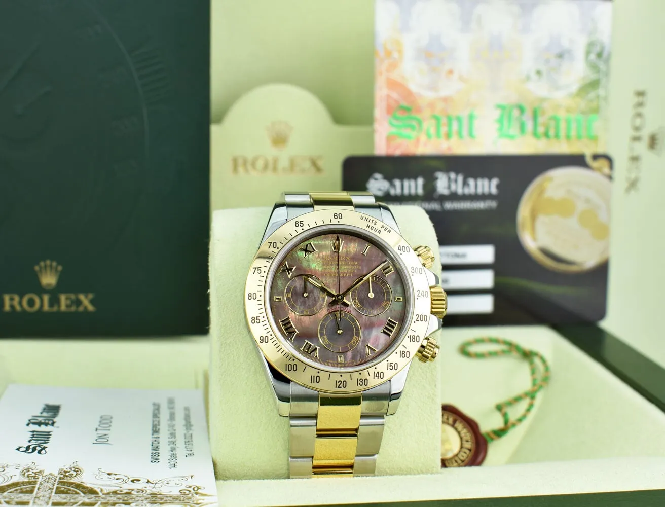 ROLEX 18kt Gold & Stainless Steel Daytona Tahitian MOP Roman Dial Model 116523