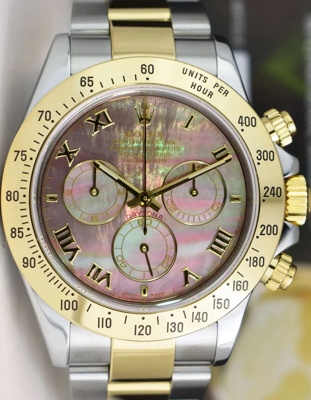 ROLEX 18kt Gold & Stainless Steel Daytona Tahitian MOP Roman Dial Model 116523