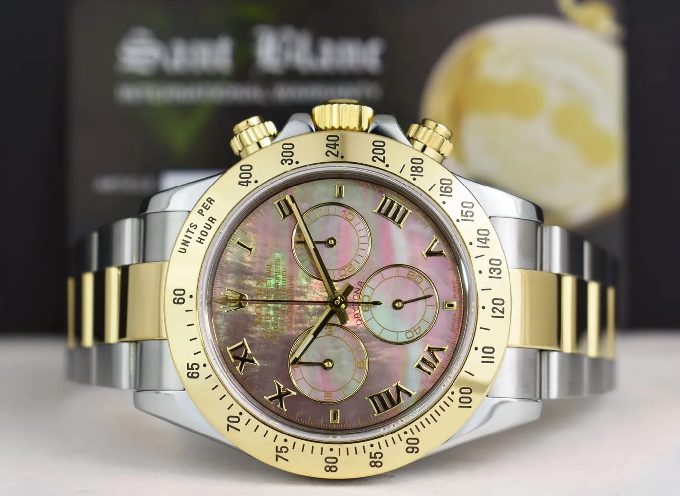 ROLEX 18kt Gold & Stainless Steel Daytona Tahitian MOP Roman Dial Model 116523