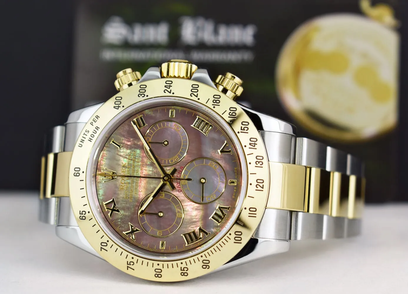 ROLEX 18kt Gold & Stainless Steel Daytona Tahitian MOP Roman Dial Model 116523