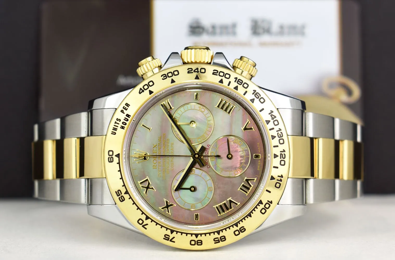 ROLEX 18kt Gold & Stainless Steel Daytona Tahitian Mother of Pearl Roman Model 116503