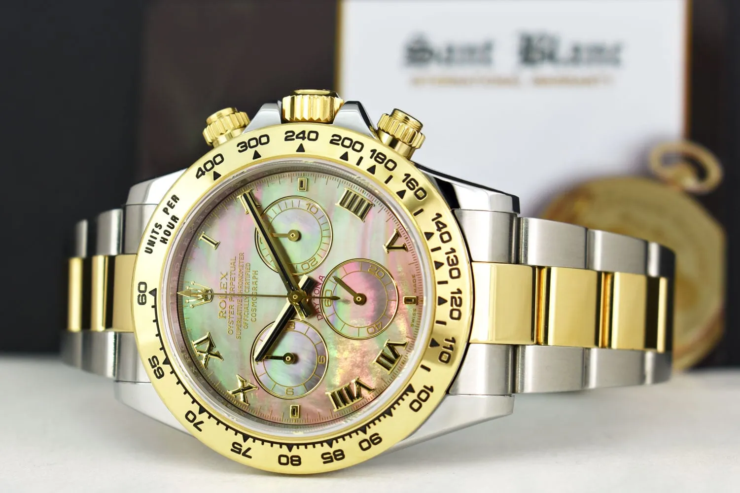 ROLEX 18kt Gold & Stainless Steel Daytona Tahitian Mother of Pearl Roman Model 116503