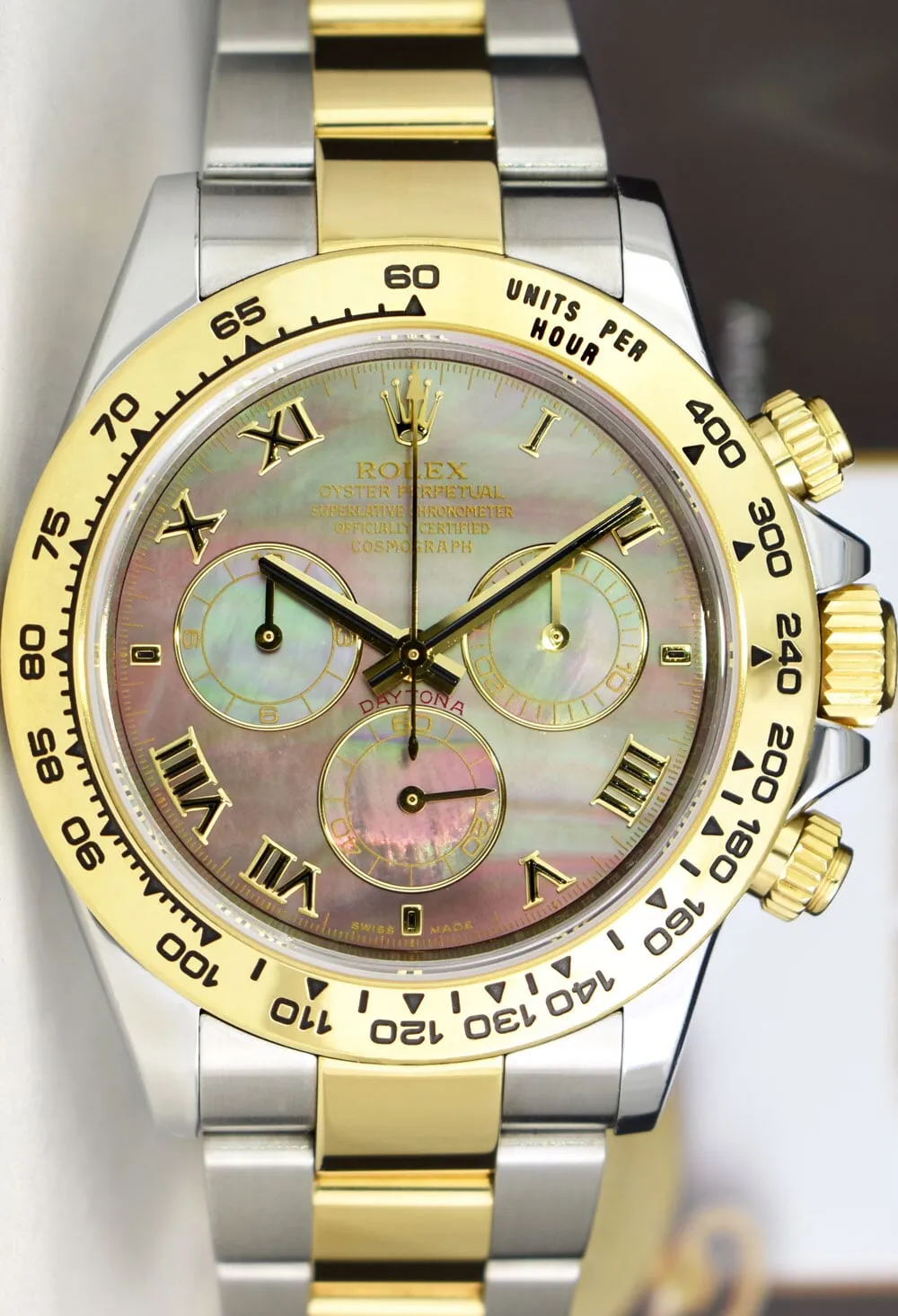 ROLEX 18kt Gold & Stainless Steel Daytona Tahitian Mother of Pearl Roman Model 116503