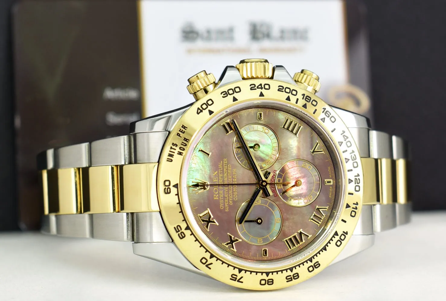 ROLEX 18kt Gold & Stainless Steel Daytona Tahitian Mother of Pearl Roman Model 116503