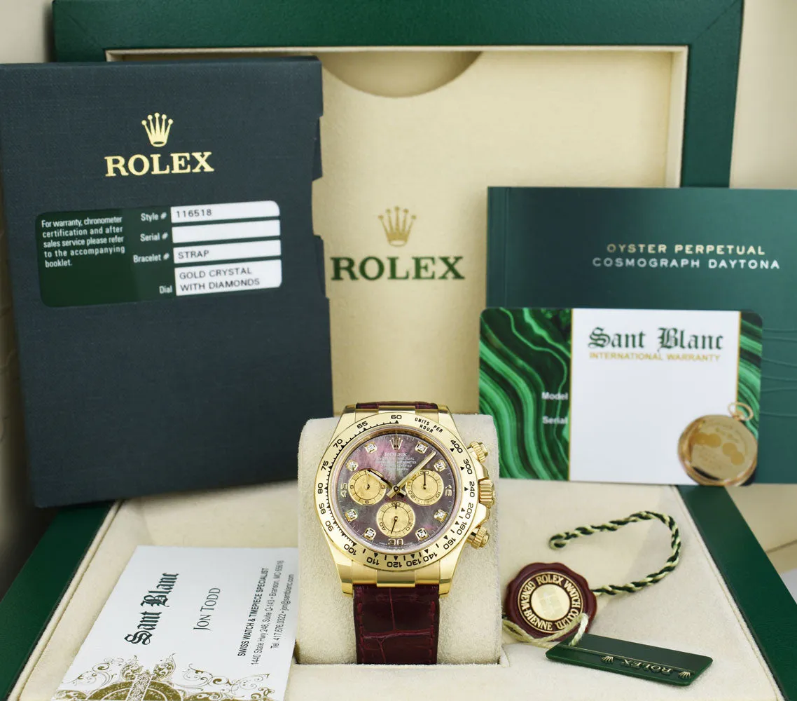 ROLEX 18kt Gold DAYTONA Burgundy Strap Tahitian MOP Diamond Dial Model 116518