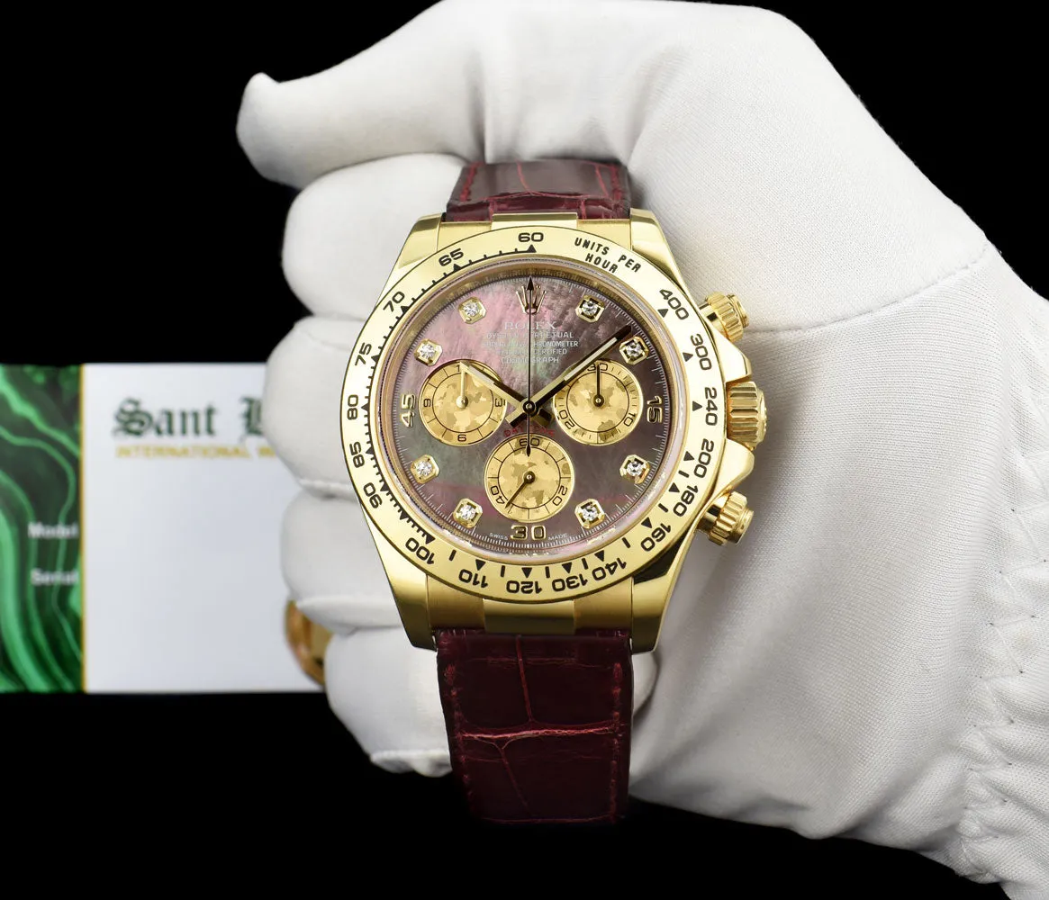 ROLEX 18kt Gold DAYTONA Burgundy Strap Tahitian MOP Diamond Dial Model 116518