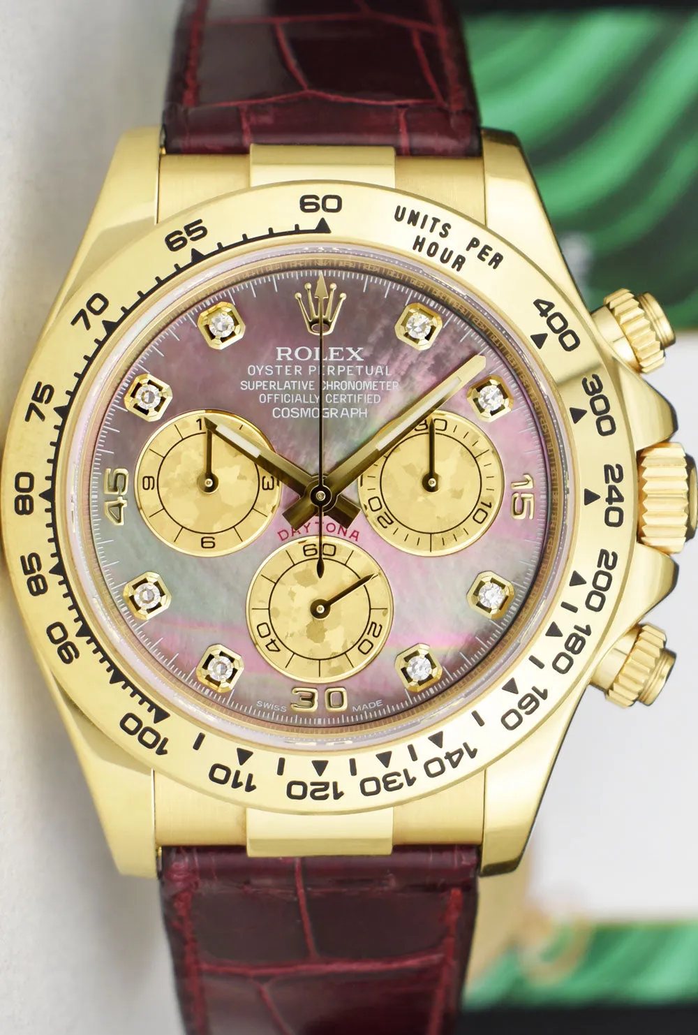 ROLEX 18kt Gold DAYTONA Burgundy Strap Tahitian MOP Diamond Dial Model 116518