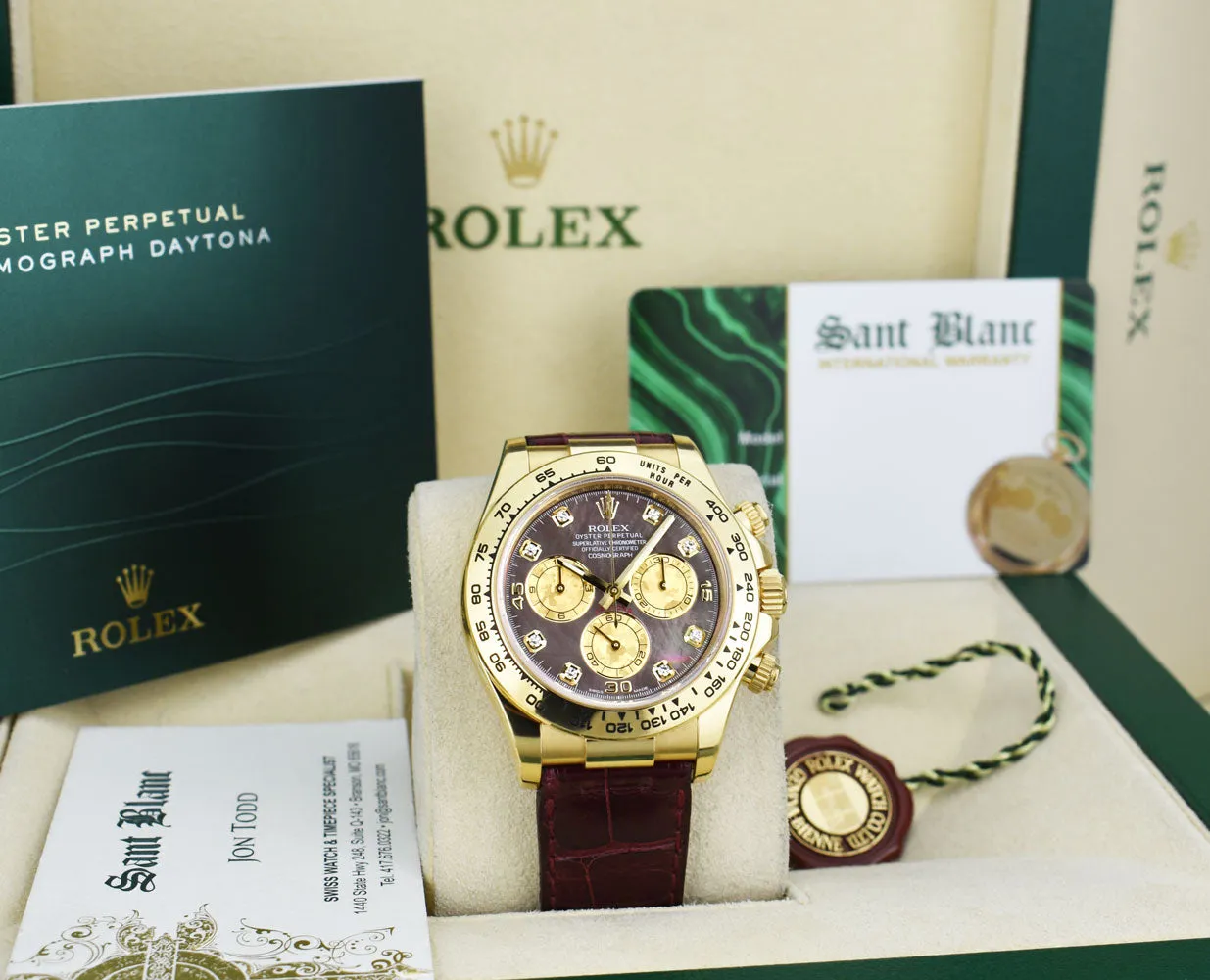 ROLEX 18kt Gold DAYTONA Burgundy Strap Tahitian MOP Diamond Dial Model 116518