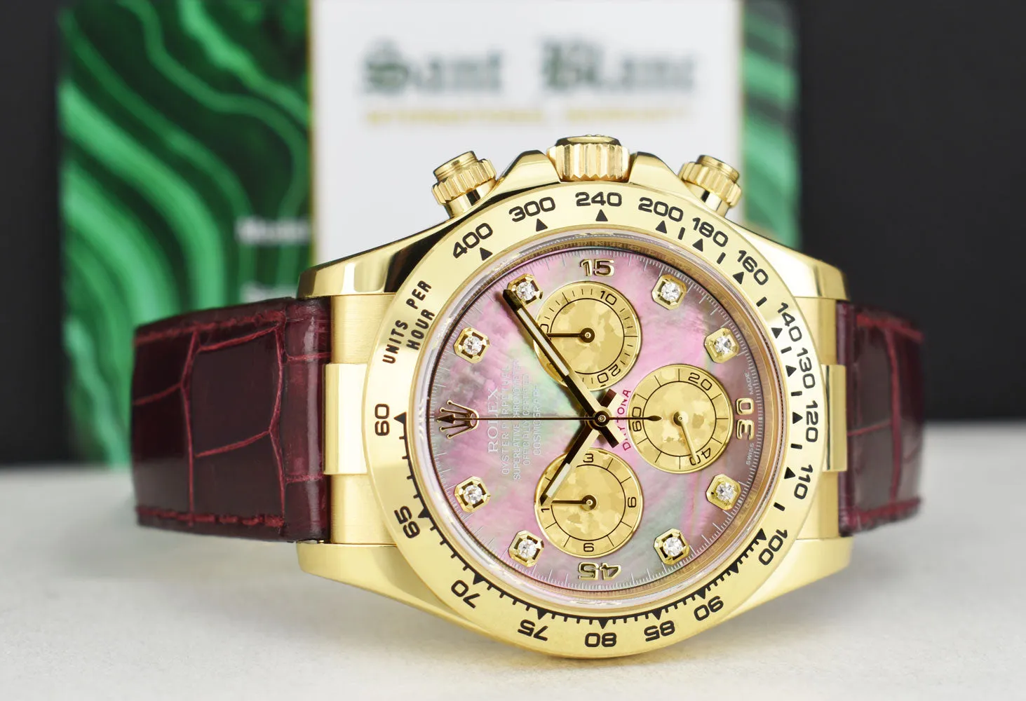 ROLEX 18kt Gold DAYTONA Burgundy Strap Tahitian MOP Diamond Dial Model 116518