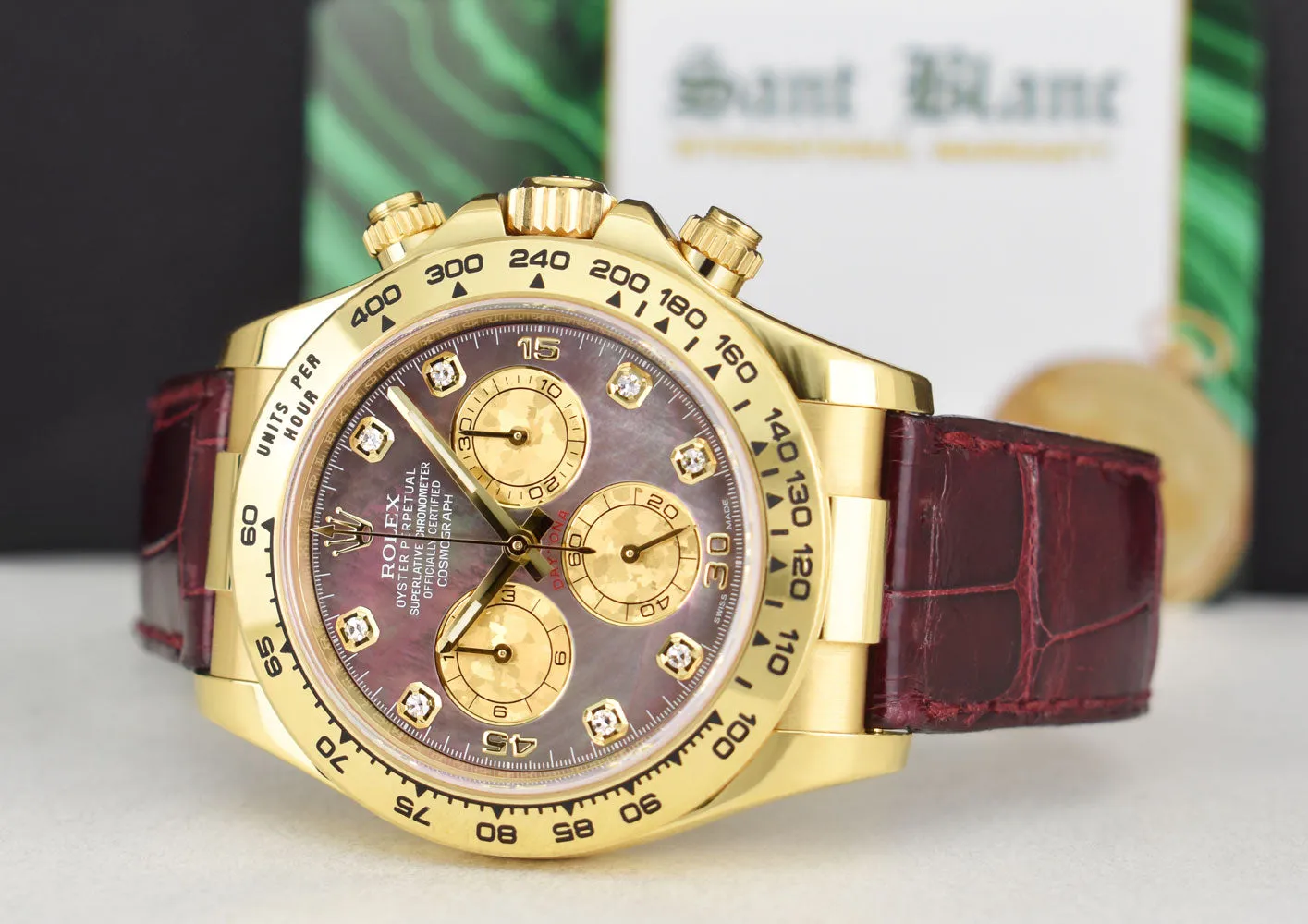 ROLEX 18kt Gold DAYTONA Burgundy Strap Tahitian MOP Diamond Dial Model 116518